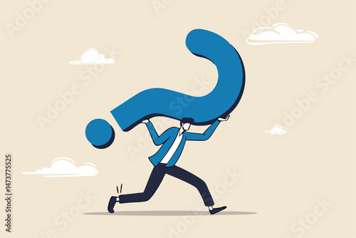 Hard question with no answer or solution, critical business problem, doubtful or stress burden concept, frustrated tried businessman carrying heavy big question mark sign burden.