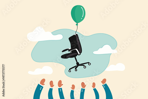 Candidate grabbing vacancy chair, human resources, HR recruitment concept, candidates hand trying to grab office chair flying in the air with balloon.