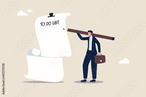 Long to do list, overload tasks and responsibility or productivity and efficiency management concept, smart confident businessman carrying big pencil thinking to write many to do list on long paper.