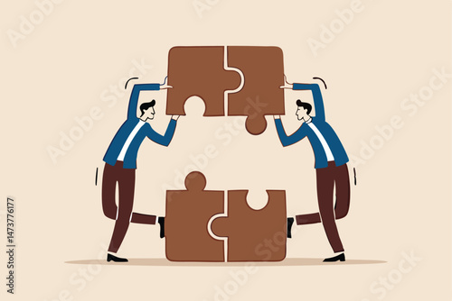 Partnership and teamwork, business agreement deal or working team collaboration concept, smart people businessmen colleagues or business partner assemble jigsaws together to complete the puzzle.