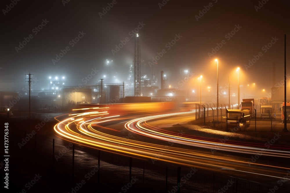 Fototapeta premium Long Exposure of Trucks Creating Light Trails Around Industrial Plant at Night with Foggy Smog