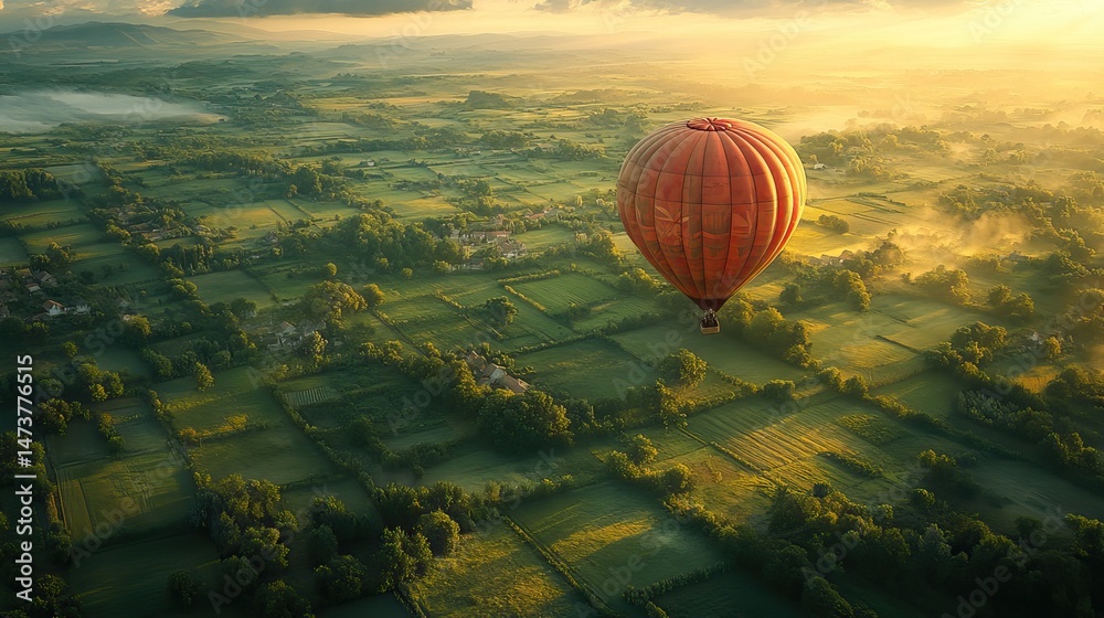Obraz premium Hot air balloon drifting lazily across a patchwork of green fields, viewed from a bird's-eye perspective, a sense of freedom and adventure