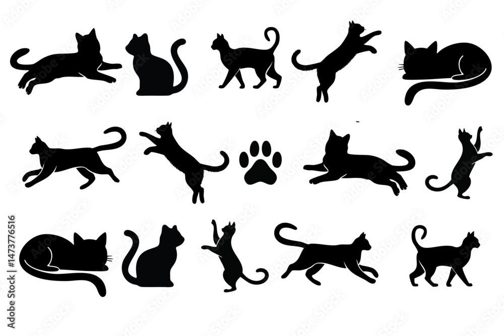 Set black silhouette vector illustration of playful cats and paw prints on a white background. Perfect for pet-themed designs, fabric prints, packaging, and minimalist artwork.