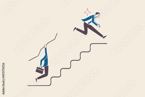 Shortcut for business success, stairway or step to career growth, get rich fast or strategy to achieve target concept, smart confidence businessman climbing up stair with special shortcut to success.