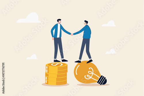 Idea pitching, fund raising and venture capital, selling business or merger agreement concept, entrepreneur businessman standing on lightbulb idea lamp shaking hands with VC on money coins stack.