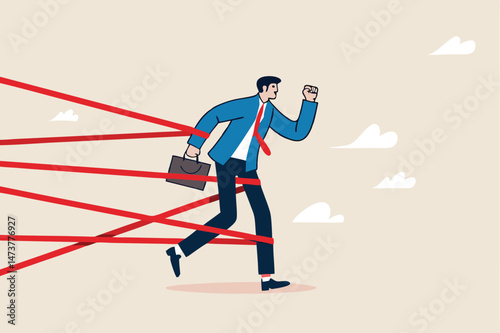 Business difficulty or struggle with career obstacle, limitation and trap or challenge to overcome to success concept, businessman tied up with red tape trying to run away with full effort.