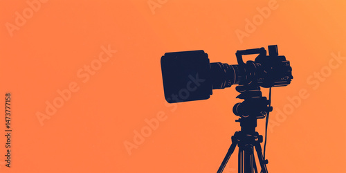 Silhouette of a digital video camera mounted on a tripod against a vibrant orange backdrop - film recording concept