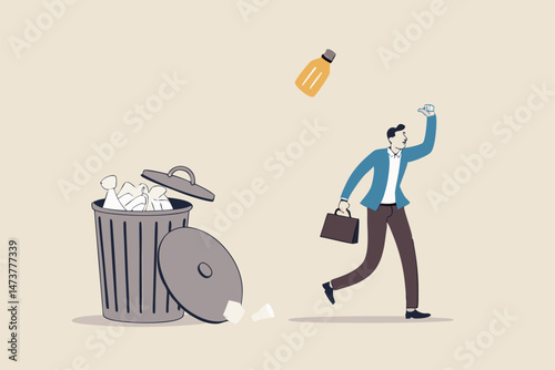Wasted unworkable ideas, business failure or too many abandoned projects concept, frustrated businessman throw away lightbulb idea into full of junk idea in basket bin.