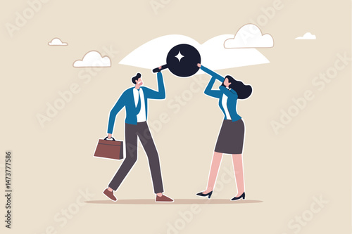 Sharing same business vision, teamwork strategy to achieve goal together, work collaboration to win same mission concept, business people team members using telescope to look into same visionary.