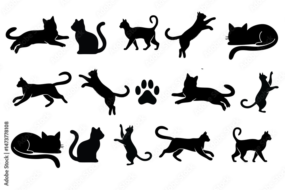 Obraz premium Set black silhouette vector illustration of playful cats and paw prints on a white background. Perfect for pet-themed designs, fabric prints, packaging, and minimalist artwork.