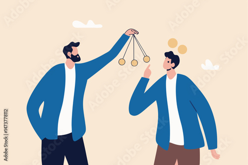 Leadership to control and manage employee, persuade client or customer, influence or manipulation concept, smart businessman boss using his watch to make his employee under hypnosis.