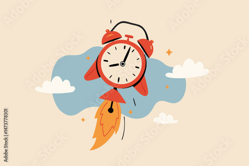 Time to start new business, entrepreneurship to launch project or time management concept, ringing alarm clock with rocket booster successfully launching high into the sky.