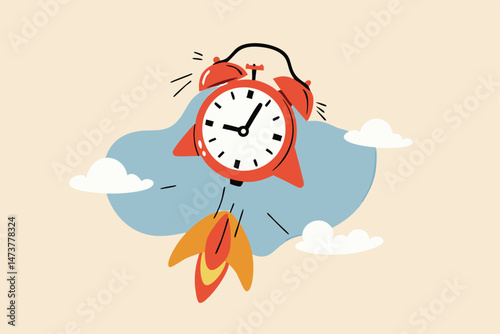 Time to start new business, entrepreneurship to launch project or time management concept, ringing alarm clock with rocket booster successfully launching high into the sky.