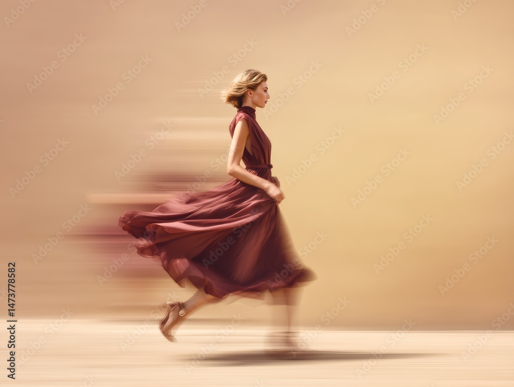 Fototapeta premium Supermodel mid-step in soft motion blur, time passing, isolated on warm sand background