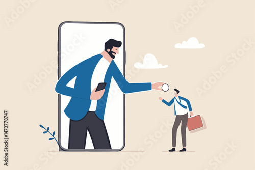KYC, Know your customer process to identify user in online banking, cryptocurrency trading or cyber transaction concept, businessman using magnifying glass to analyze, identify user on smartphone app.