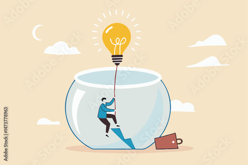 Innovation to solve business problem, idea and creativity to achieve business success concept, businessman climbing the rope from light bulb idea to escape prison fish bowl.