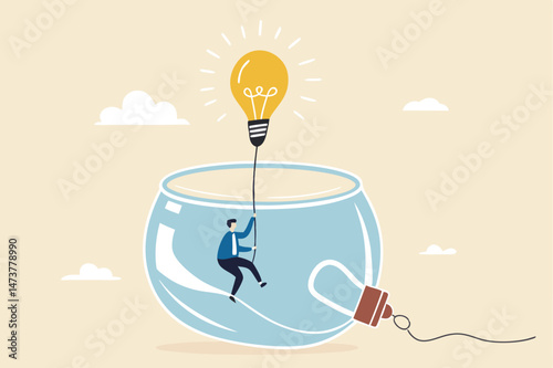 Innovation to solve business problem, idea and creativity to achieve business success concept, businessman climbing the rope from light bulb idea to escape prison fish bowl.