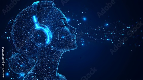Futuristic profile of a woman with headphones, depicted in a wireframe style using interconnected blue lines and dots. It evokes connectivity and modern technology. Abstract wireframe in dark blue
