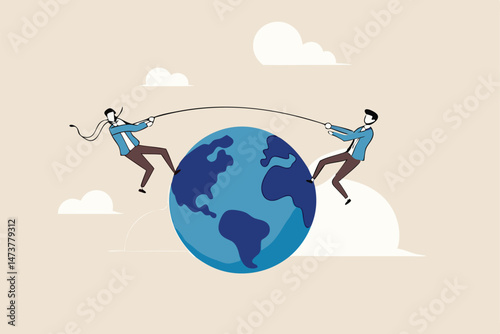Geopolitics, compete to be world leader, power to gain advantage from world economics or international trade and commercial concept, businessmen countries pulling tug of war on world planet earth.