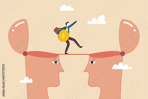 Knowledge transfer or idea sharing between employee or teamwork, skill training or work transition concept, businessman holding idea light bulb walking on the bridge from human head brain to other.