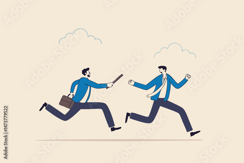 Business baton pass, relay, job handover or partnership and teamwork to help winning business concept, businessmen colleagues partner passing baton while running at full speed to achieve success.