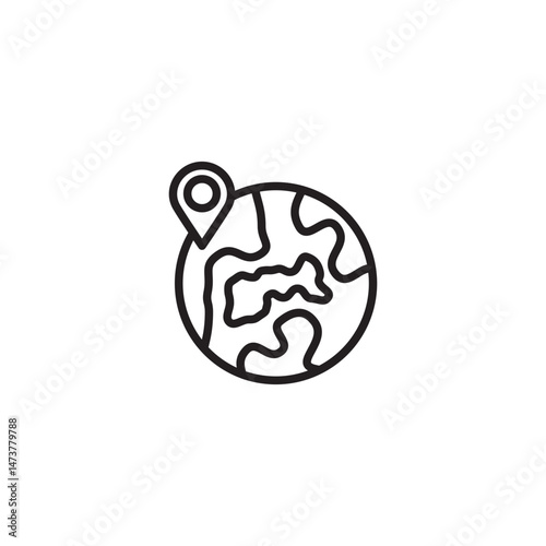 A stylized globe icon shows continents outlined with a single line. A location pin is placed on the upper left portion of the globe.