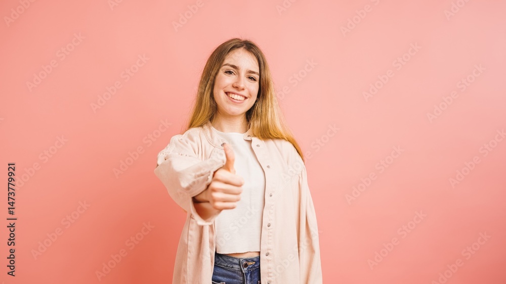 Fototapeta premium Young woman showing thumbs up sign on pink background