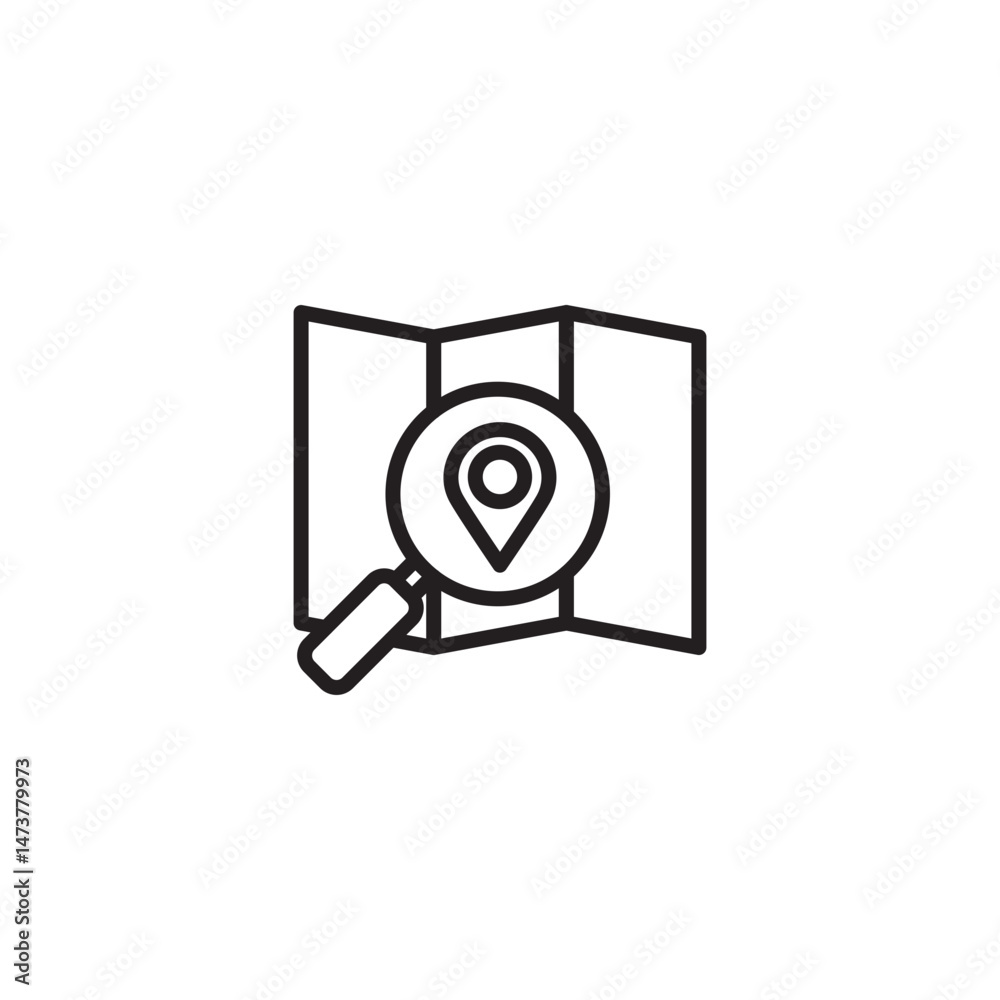 A magnifying glass is positioned over a folded map, focusing on a location pin icon. This suggests searching for a specific place on a map. A magnifying glass is positioned over a folded map, focusing on a location pin icon. This suggests searching for a specific place on a map.