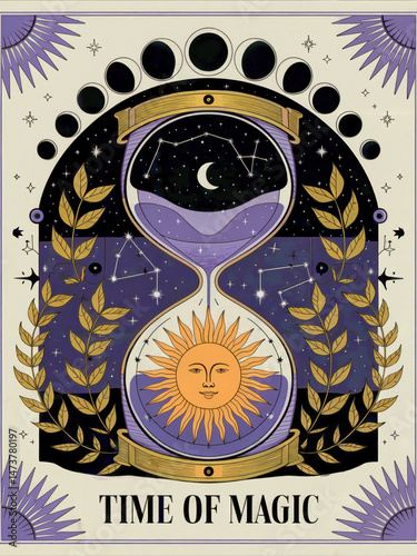 Magical illustration of an hourglass with the sun and moon, surrounded by stars, constellations, and golden laurel leaves, with the phrase 