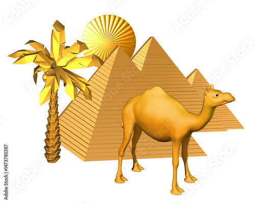 A scenic illustration representing the timeless grandeur of ancient Egypt, depicting three golden pyramids with the sun rising behind them, a palm tree, and a camel in the foreground. 3D render