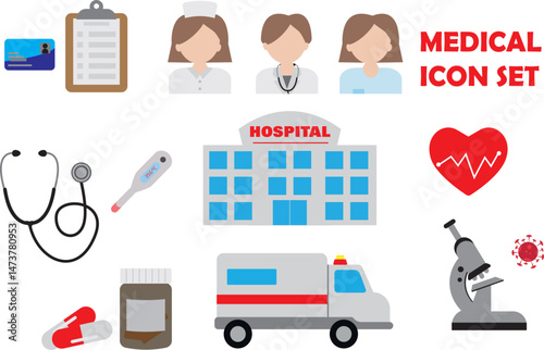 medical care illustration element set. Insurance, medical record, doctor, nurse, surgeon, hospital building, ambulance, laboratory, virus, microscope, medicine, pill, heart, cardio, thermometer