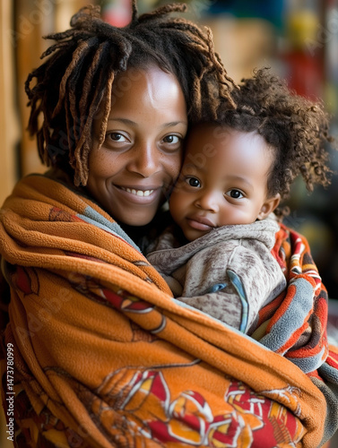 Mother and daughter wrapped in warm blanket