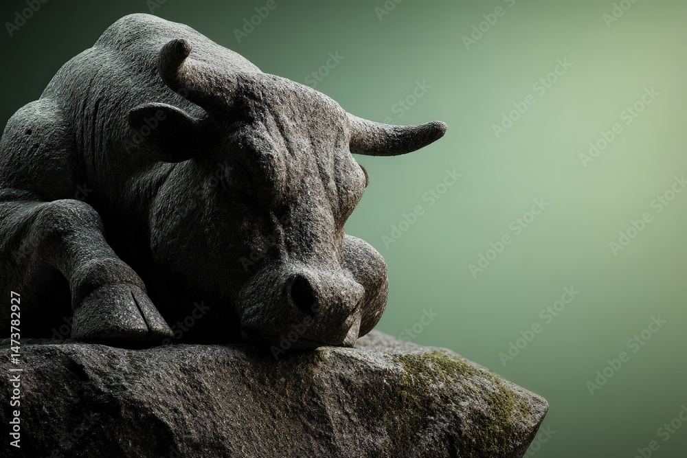 Naklejka premium Stone bull statue resting atop a weathered rock.
