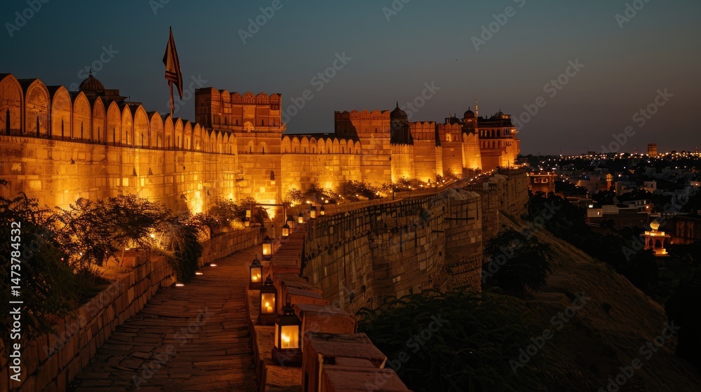 Illuminated ancient fortress walls at twilight.