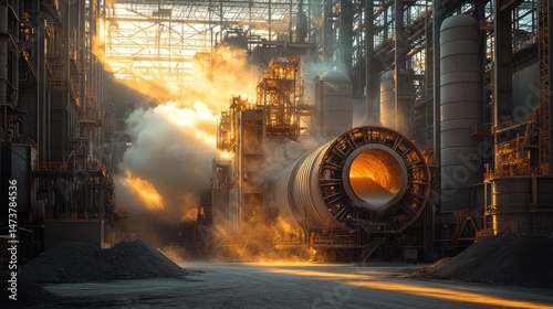 Industrial plant, large-scale production, heavy machinery, materials processing