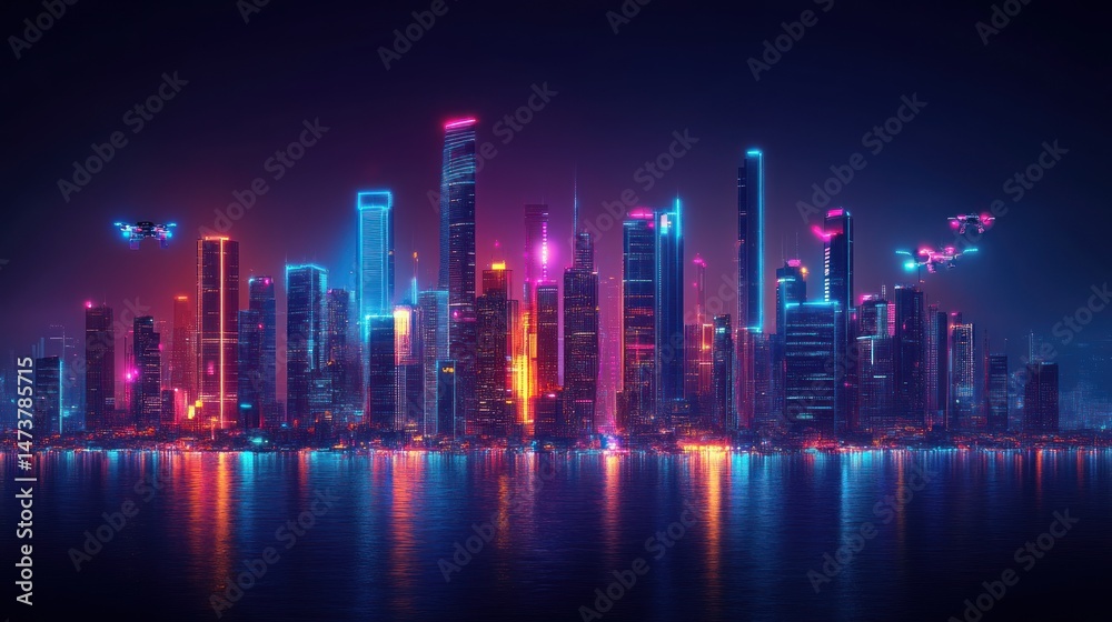 Fototapeta premium Neon cityscape skyline at night