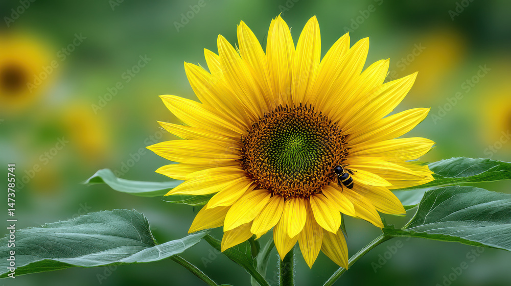 Obraz premium A bright yellow sunflower with a bee collecting pollen stands in a field of sunflowers on a beautiful summer day showing nature's beauty and bounty.