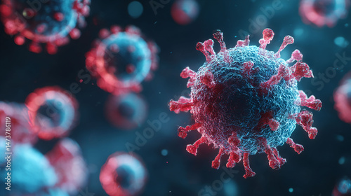 A bright blue and purple fractal design illustrates red blood cells and a bacterium, resembling a colorful space explosion  or covid-19
