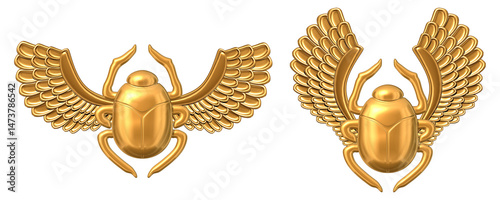 A set of golden scarab beetles with open wings. 3D illustration 