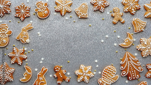 Gingerbread Cookies Festive Decorative Top View Silver Background Holiday Theme