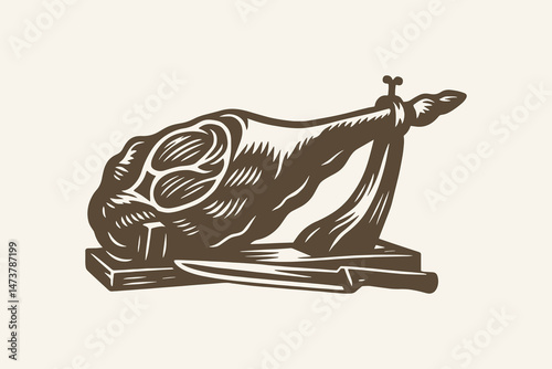 Ham leg on wooden stand black ink engraving icon