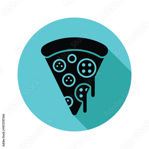 Pizza slice icon with pepperoni in black color on a cyan circle background