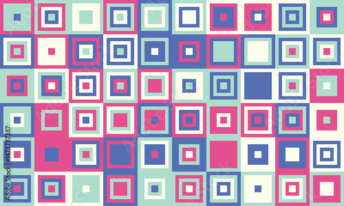 Vibrant geometric pattern of nested squares in pastel pink, blue, and green.  Ideal for website backgrounds, textile design, or playful branding.