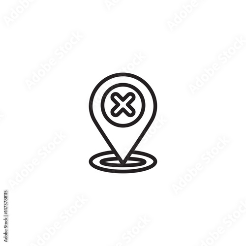A location pin icon contains an "X" symbol within a circle. The pin is positioned above concentric rings, possibly indicating an invalid or removed location.
