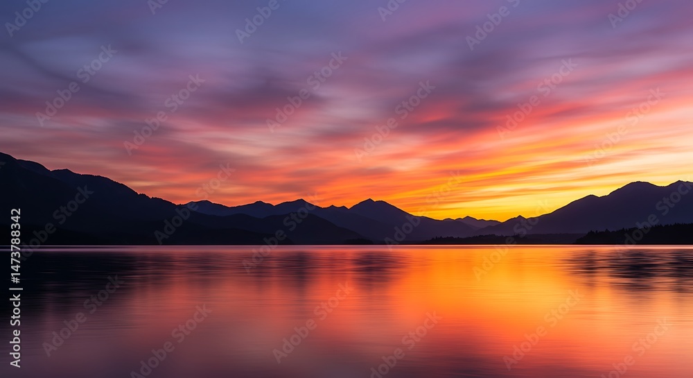 Stunning Sunset Reflecting on Calm Lake Waters Stunning Sunset Reflecting on Calm Lake Waters