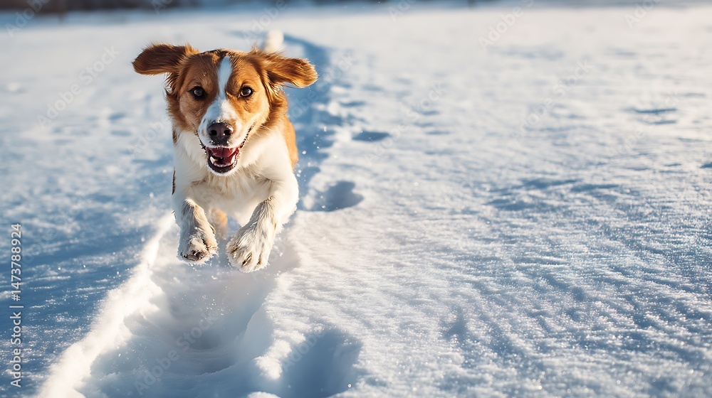 Happy dog running through fresh snow in a winter landscape, leaving a clear trail of paw prints, looking excited, energetic and playful in the cold outdoor nature. Happy dog running through fresh snow in a winter landscape, leaving a clear trail of paw prints, looking excited, energetic and playful in the cold outdoor nature.