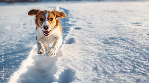 Happy dog running through fresh snow in a winter landscape, leaving a clear trail of paw prints, looking excited, energetic and playful in the cold outdoor nature.