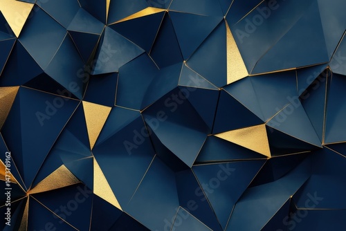 Abstract geometric design featuring dark navy and gold triangles.