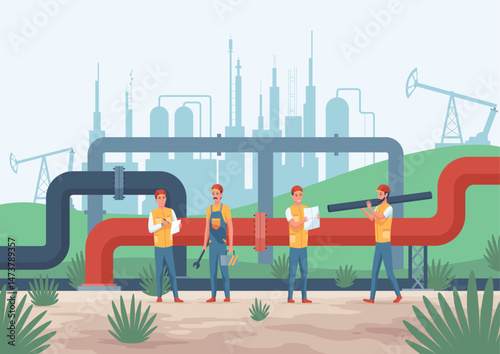 Oil gas workers. Oil industry, gas production. Engineers in workwear inspect petroleum pipelines. Oil industry extraction and refinery production. Petroleum industry design vector cartoon illustration