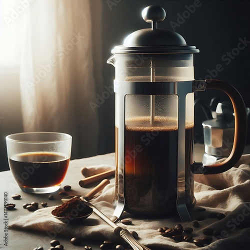 Clear Glass French Press in Morning Light	